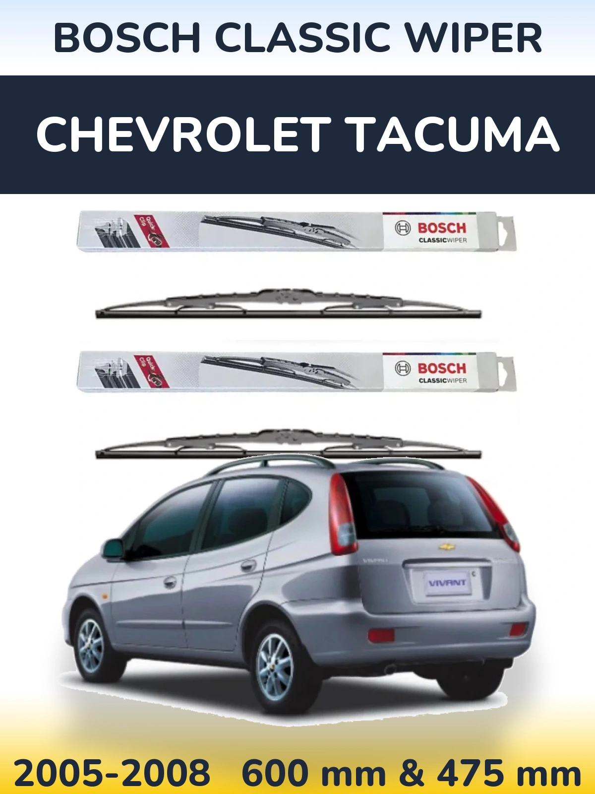 Sada předních stěračů BOSCH Classic Wiper 600 a 475 mm pro Chevrolet Tacuma 2005-2008