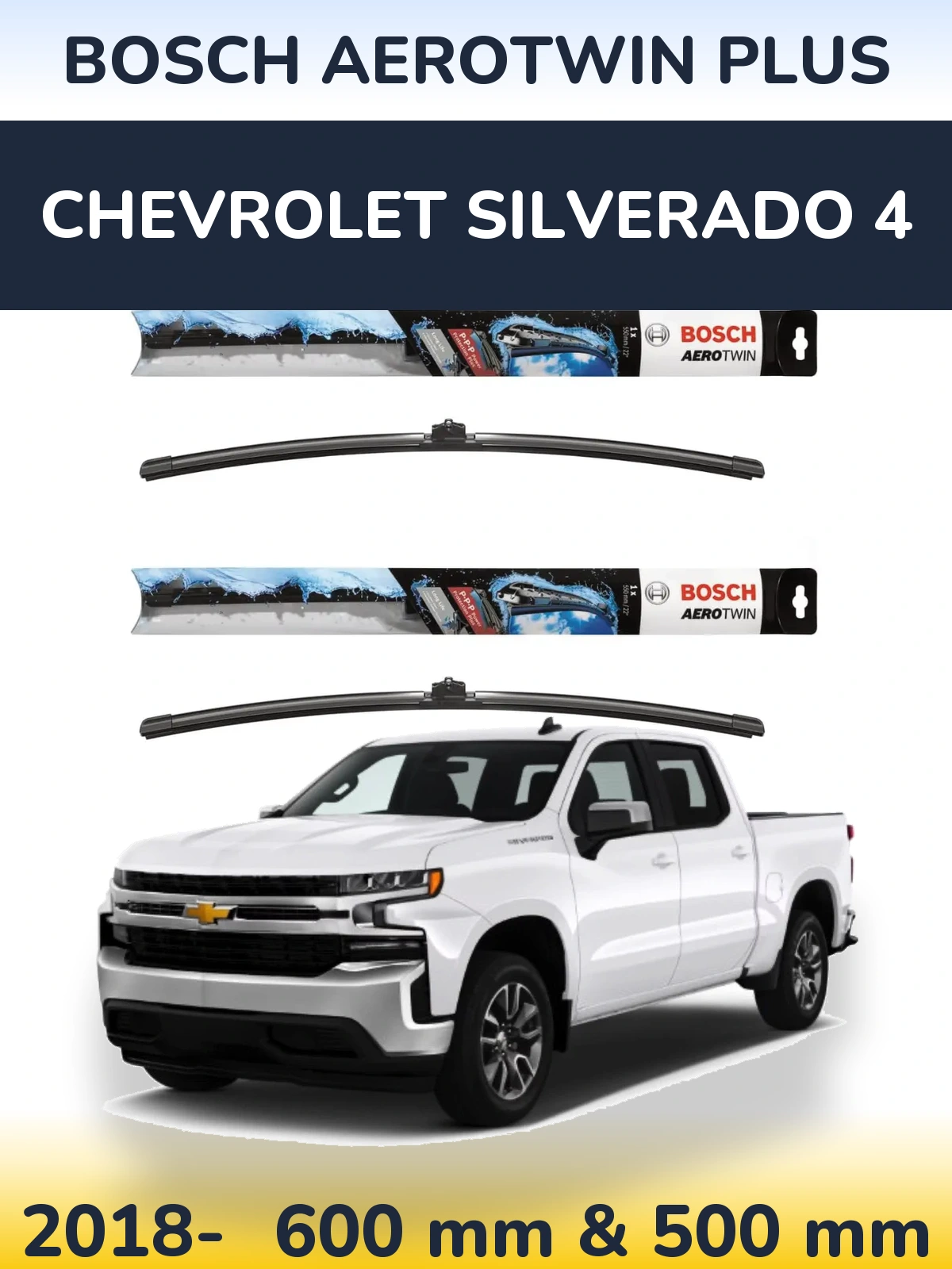 Sada předních stěračů BOSCH AeroTwin Plus 600 a 500 mm pro Chevrolet Silverado 4 2018-2026