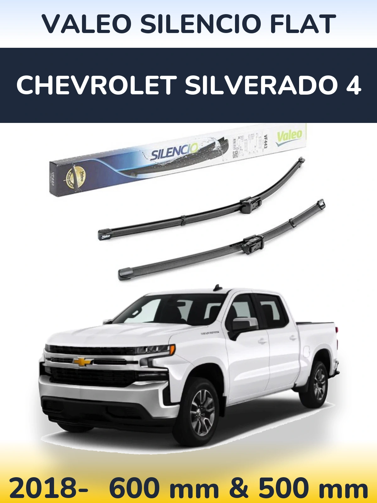 Sada předních stěračů Valeo Silencio Flat 600 a 500 mm pro Chevrolet Silverado 4 2018-2026