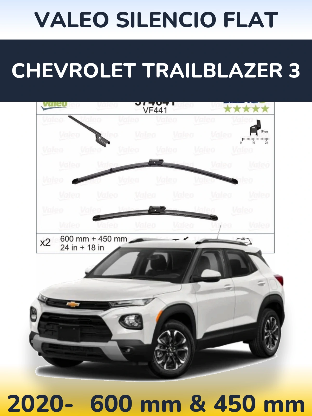 Sada předních stěračů Valeo Silencio Flat 600 a 450 mm pro Chevrolet TrailBlazer 3 2020-2026