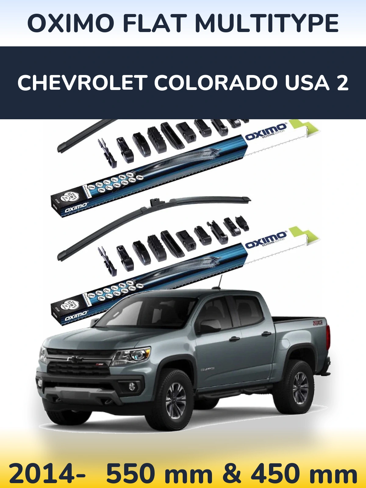 Sada předních stěračů Oximo Flat MultiType 550 a 450 mm pro Chevrolet Colorado USA 2 2014-2026