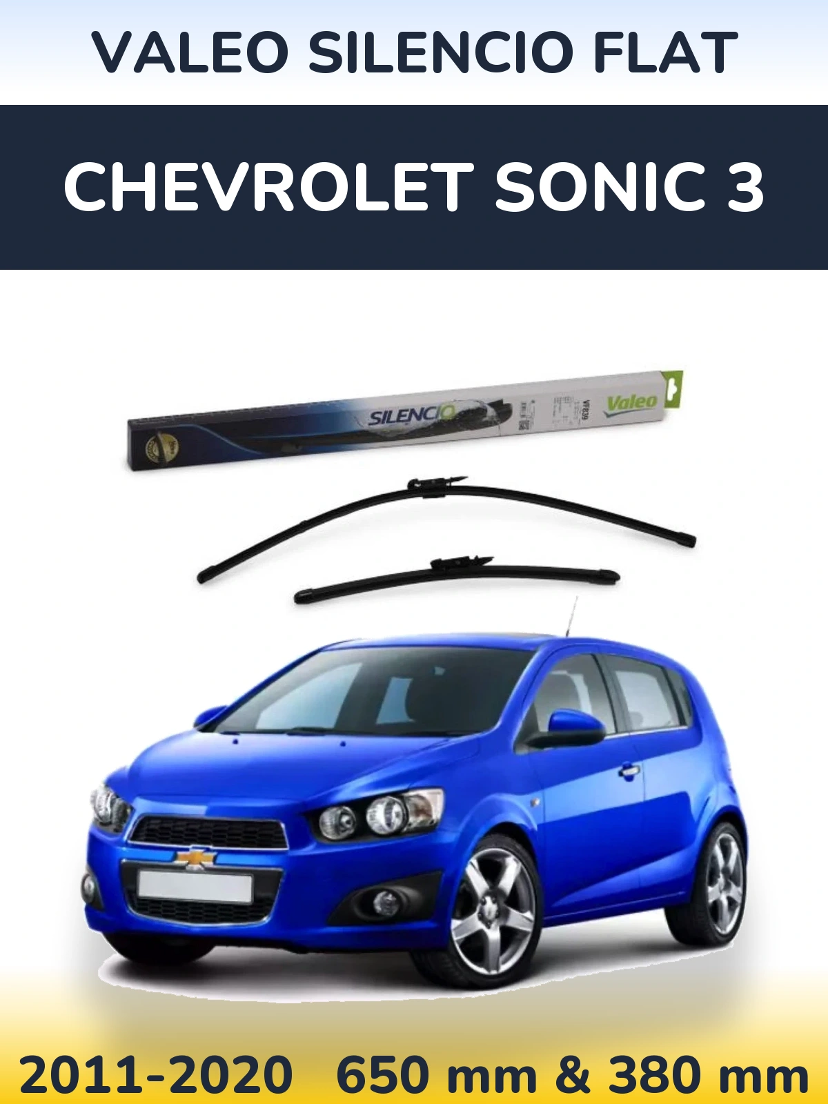 Sada předních stěračů Valeo Silencio Flat 650 a 380 mm pro Chevrolet Sonic 3 2011-2020