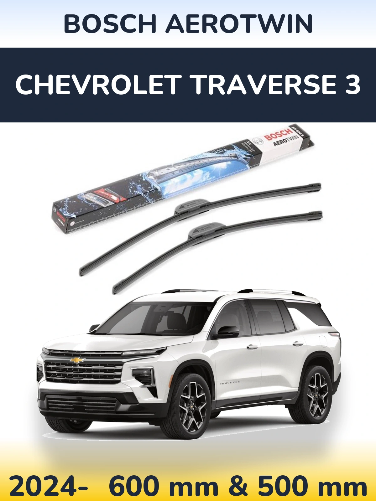 Sada předních stěračů BOSCH AeroTwin 600 a 500 mm pro Chevrolet Traverse 3 2024-2026