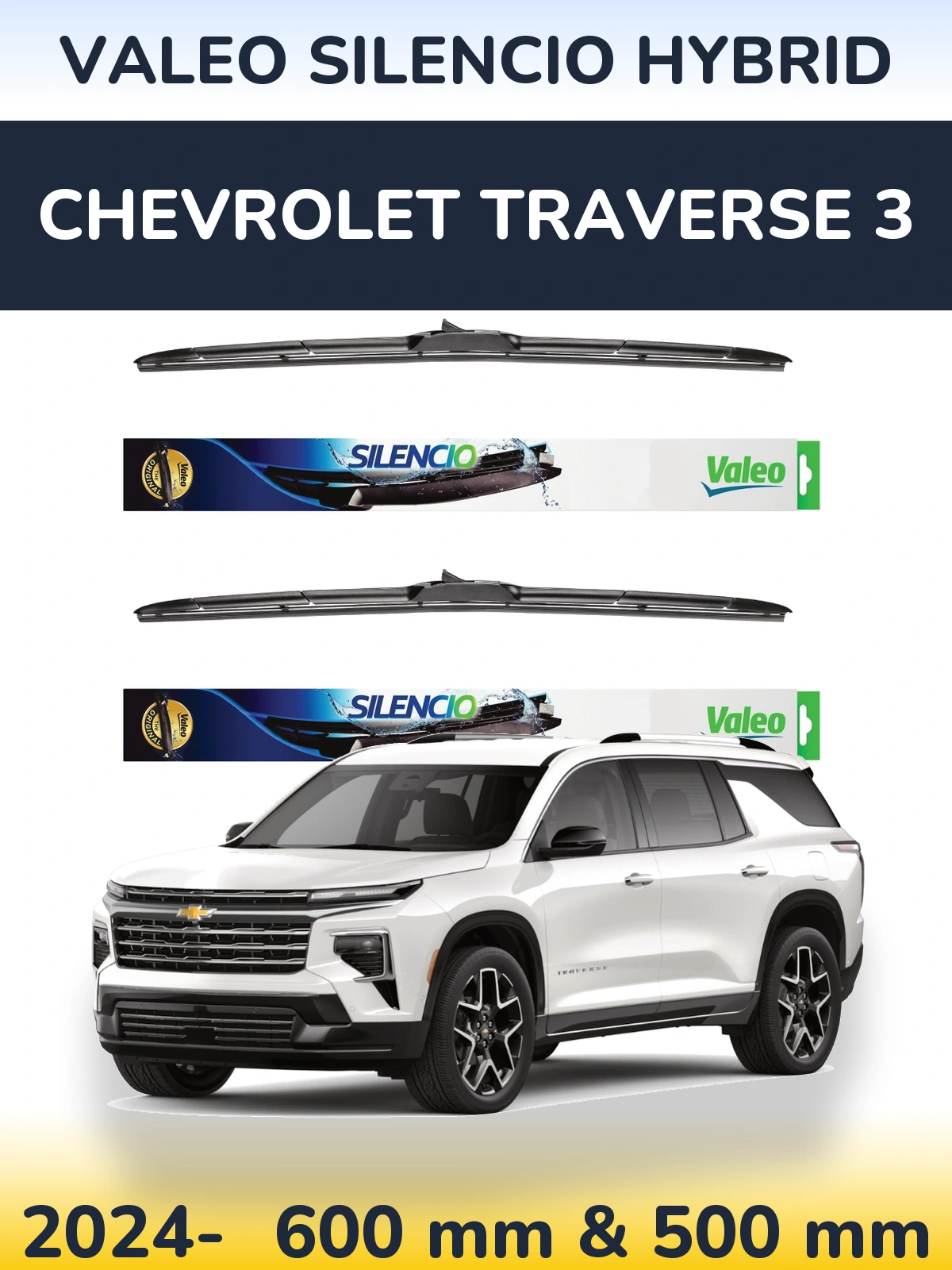 Sada předních stěračů Valeo Silencio Hybrid 600 a 500 mm pro Chevrolet Traverse 3 2024-2026