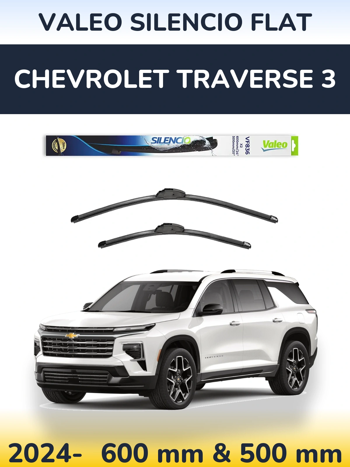 Sada předních stěračů Valeo Silencio Flat 600 a 500 mm pro Chevrolet Traverse 3 2024-2026