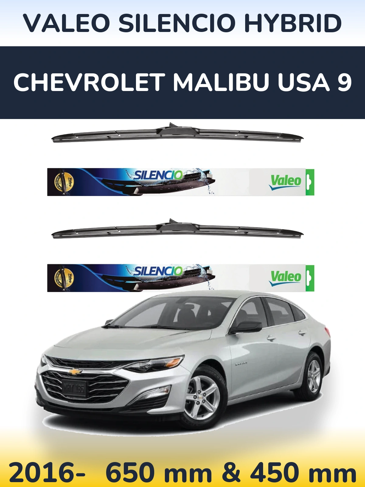 Sada předních stěračů Valeo Silencio Hybrid 650 a 450 mm pro Chevrolet Malibu USA 9 2016-2026