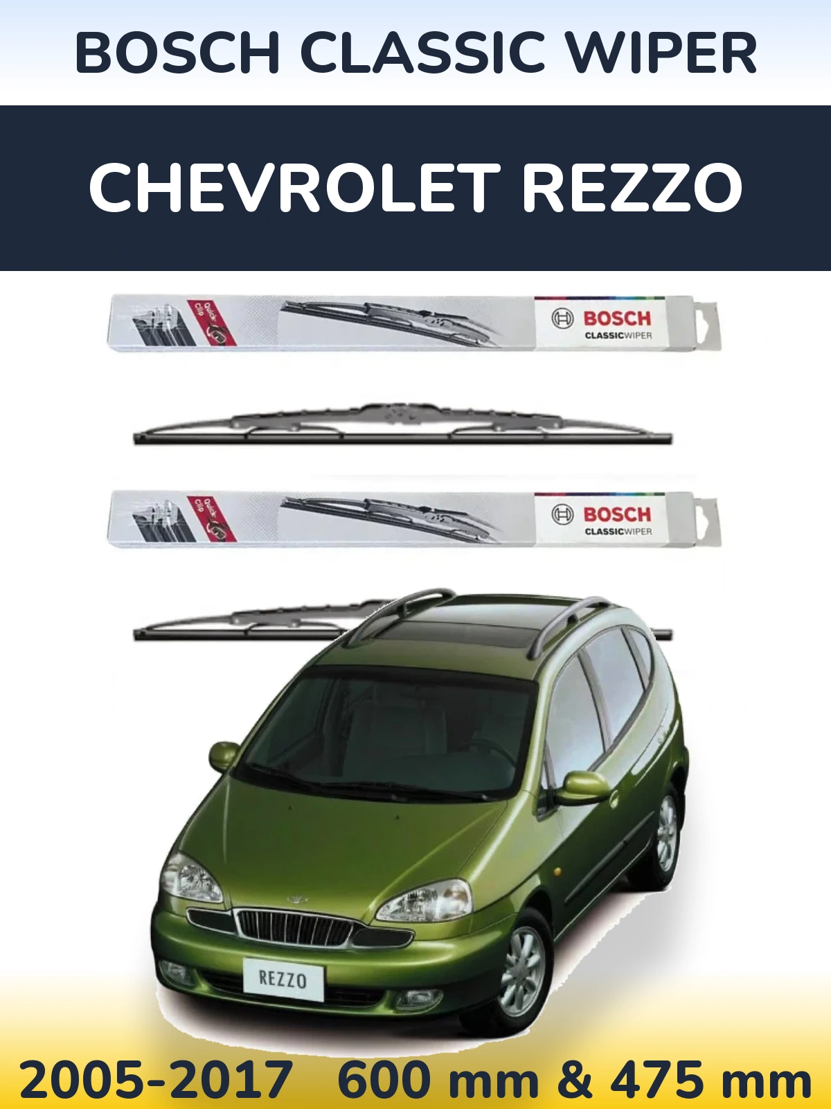 Sada předních stěračů BOSCH Classic Wiper 600 a 475 mm pro Chevrolet Rezzo 2005-2017