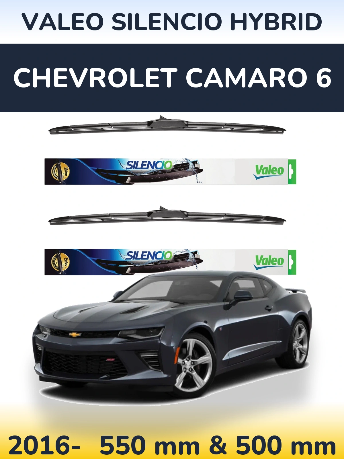 Sada předních stěračů Valeo Silencio Hybrid 550 a 500 mm pro Chevrolet Camaro 6 2016-2026