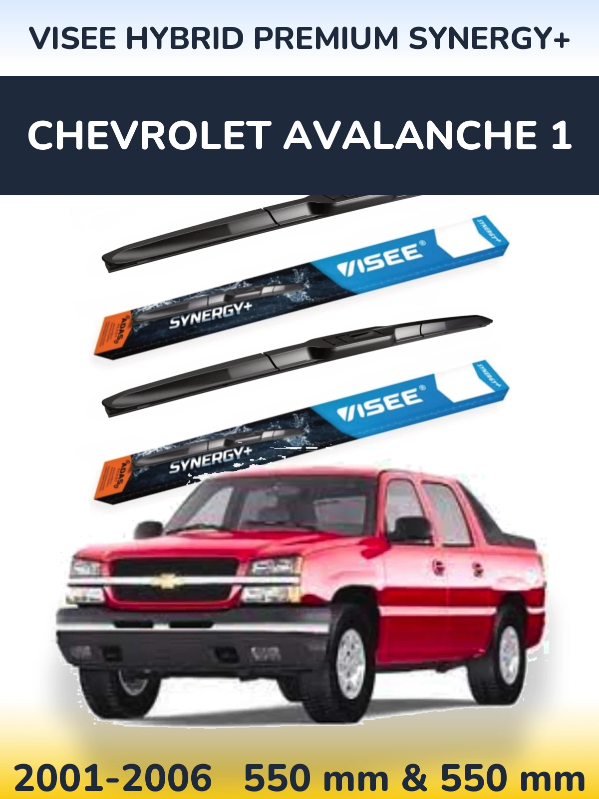Sada předních stěračů VISEE HYBRID PREMIUM SYNERGY+ 550 a 550 mm pro Chevrolet Avalanche 1 2001-2006