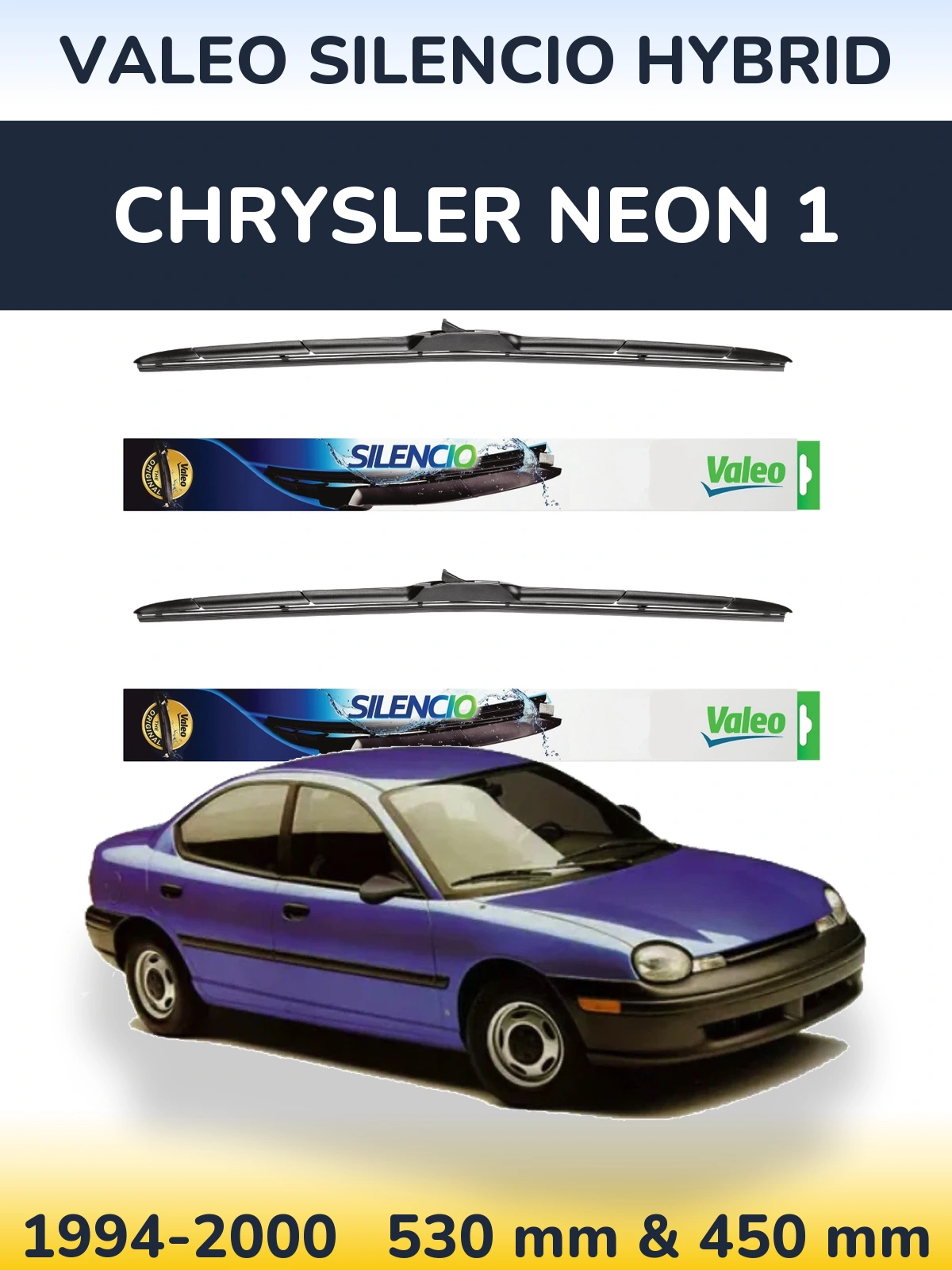 Sada předních stěračů Valeo Silencio Hybrid 530 a 450 mm pro Chrysler Neon 1 1994-2000