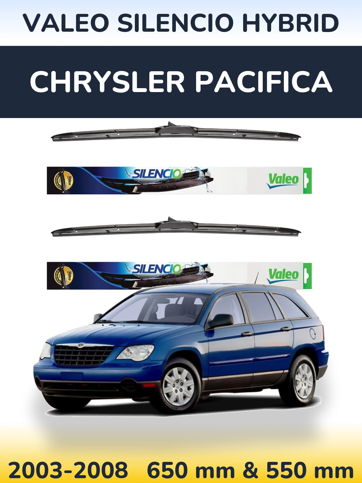 Sada předních stěračů Valeo Silencio Hybrid 650 a 550 mm pro Chrysler Pacifica 2003-2008