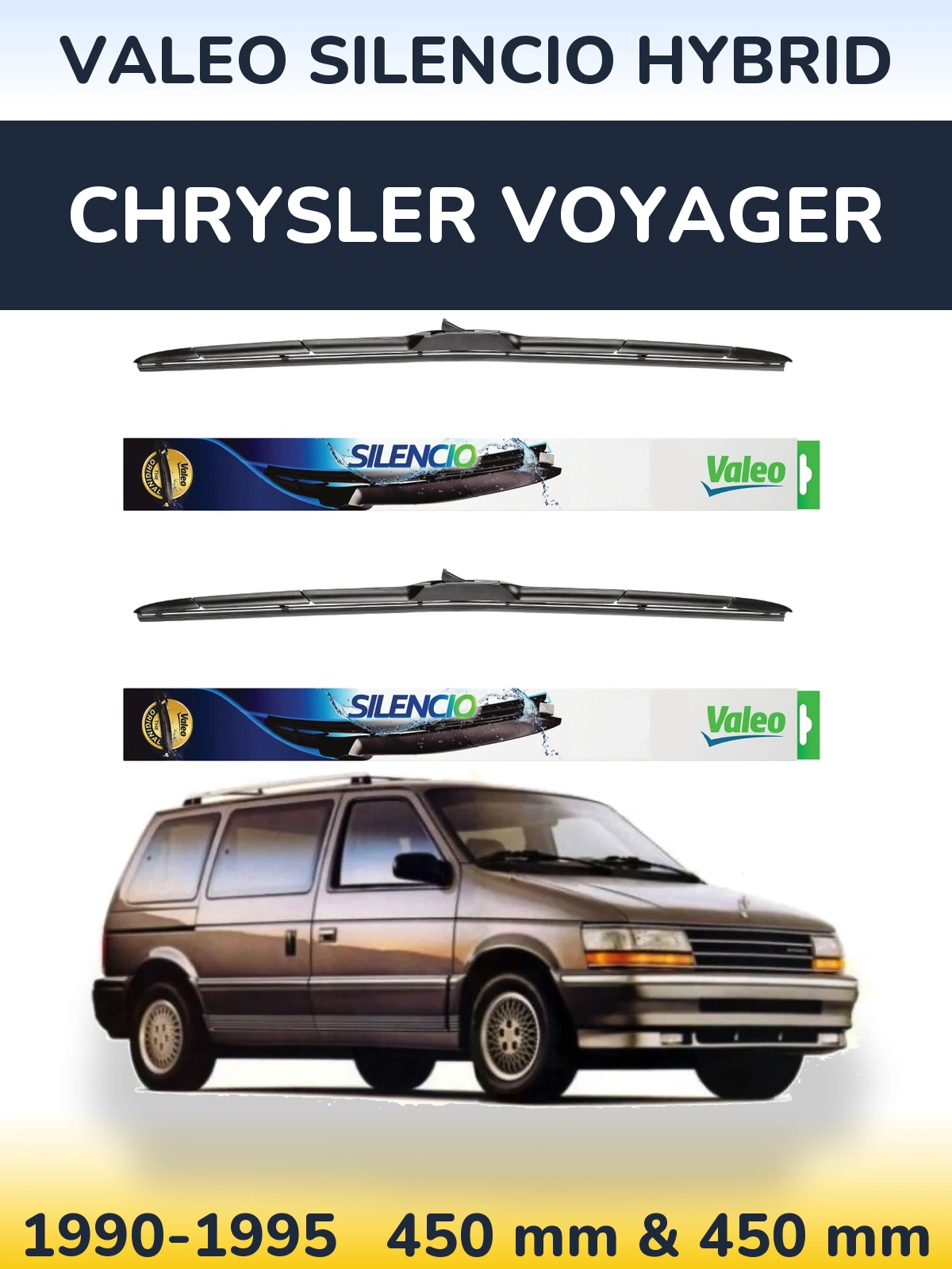 Sada předních stěračů Valeo Silencio Hybrid 450 a 450 mm pro Chrysler Voyager 1990-1995