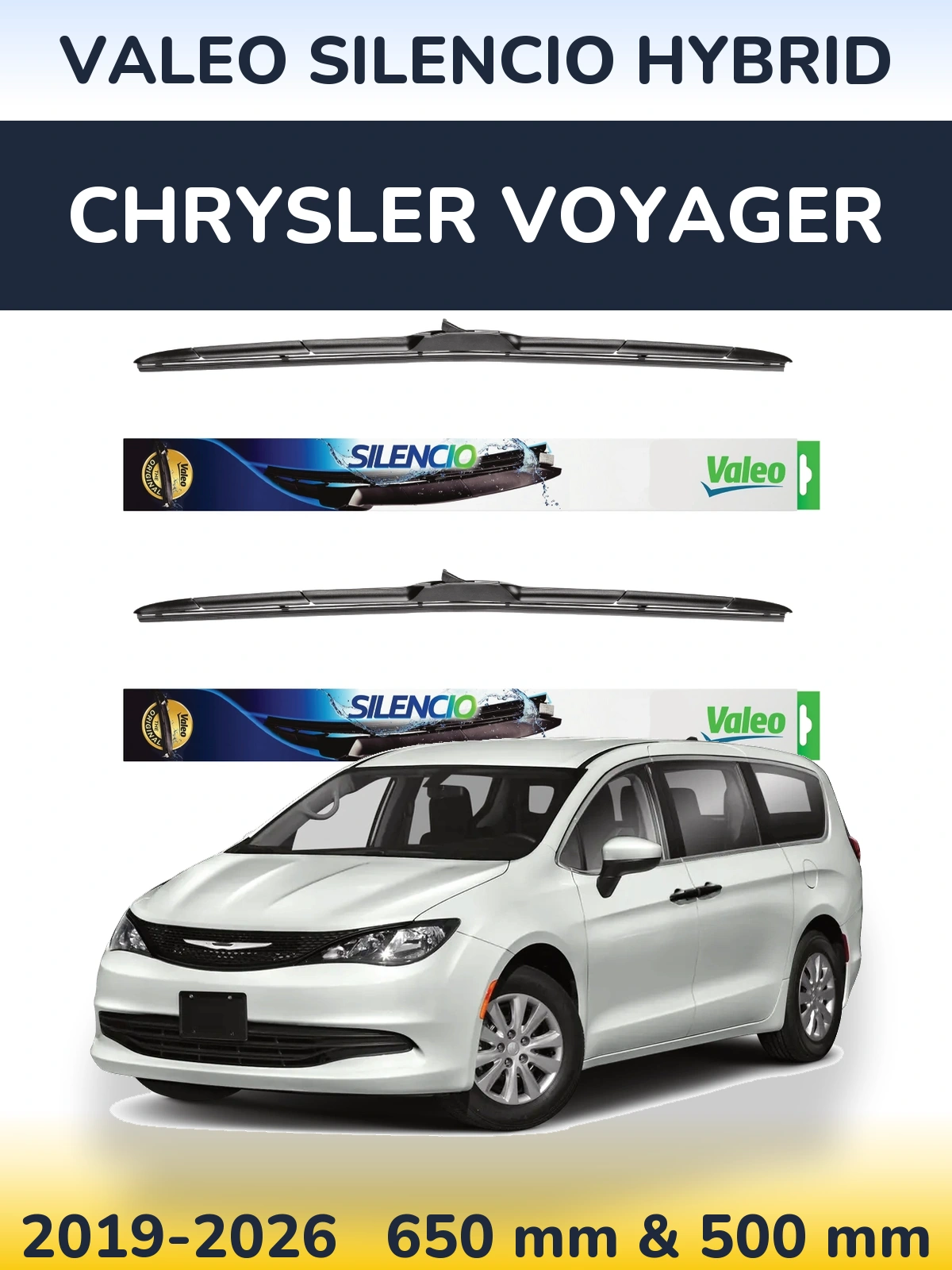 Sada předních stěračů Valeo Silencio Hybrid 650 a 500 mm pro Chrysler Voyager 2019-2026
