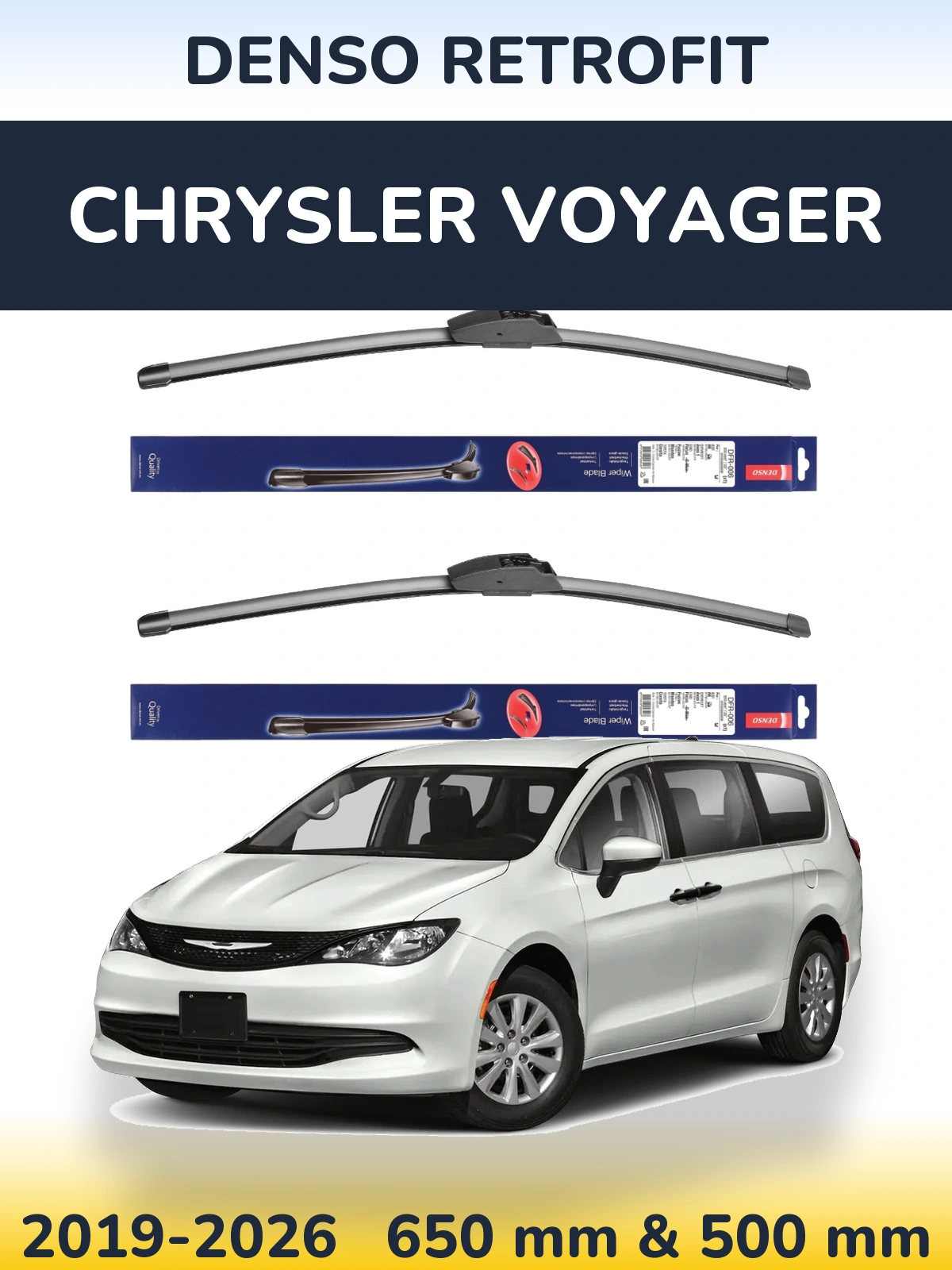Sada předních stěračů Denso Retrofit 650 a 500 mm pro Chrysler Voyager 2019-2026