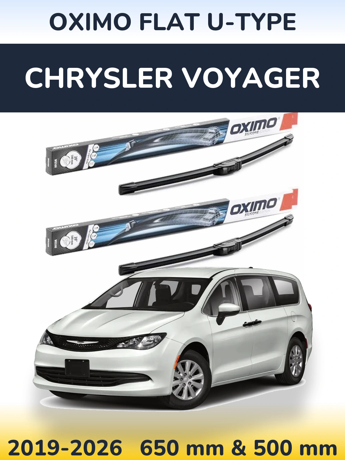 Sada předních stěračů Oximo Flat U-type 650 a 500 mm pro Chrysler Voyager 2019-2026