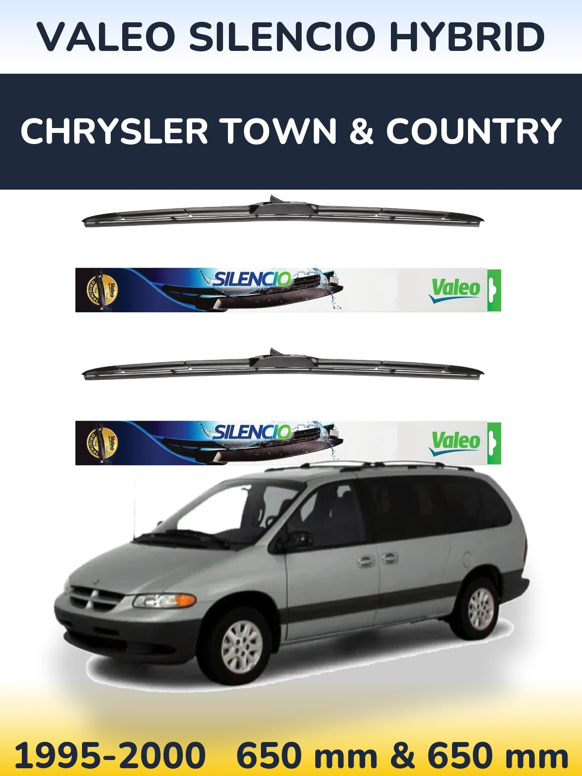 Sada předních stěračů Valeo Silencio Hybrid 650 a 650 mm pro Chrysler Town & Country 1995-2000