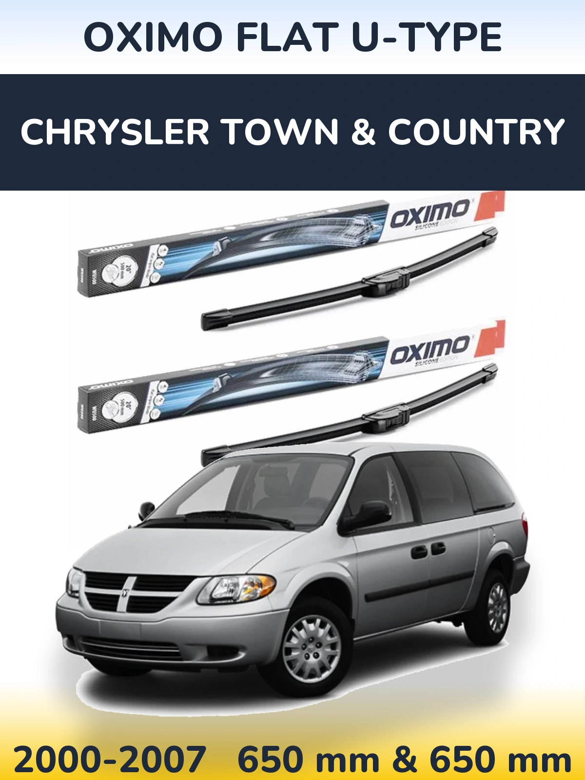 Sada předních stěračů Oximo Flat U-type 650 a 650 mm pro Chrysler Town & Country 2000-2007