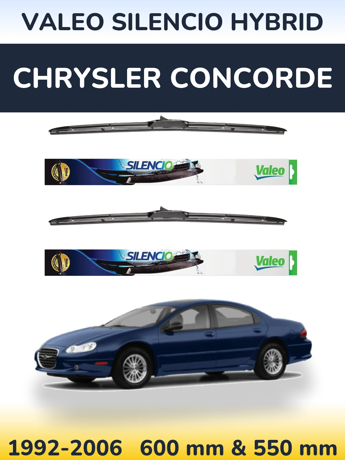 Sada předních stěračů Valeo Silencio Hybrid 600 a 550 mm pro Chrysler Concorde 1992-2006