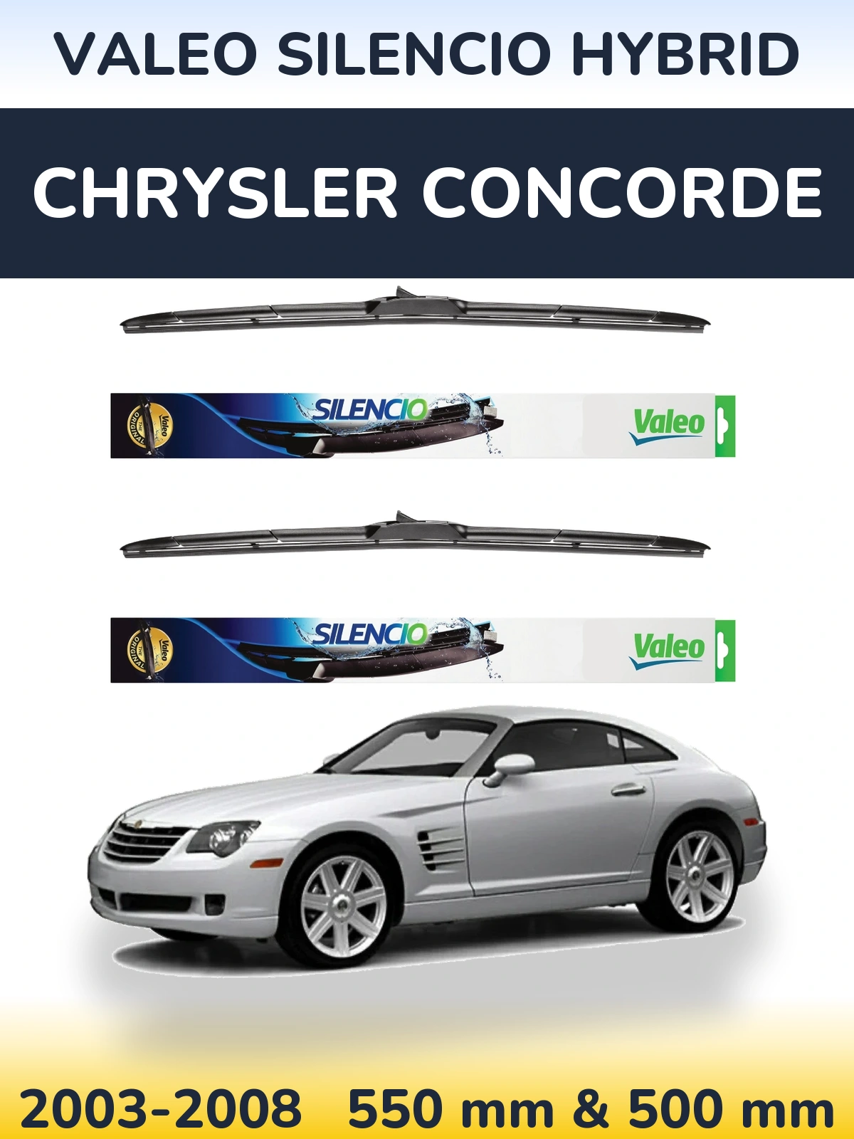 Sada předních stěračů Valeo Silencio Hybrid 550 a 500 mm pro Chrysler Concorde 2003-2008