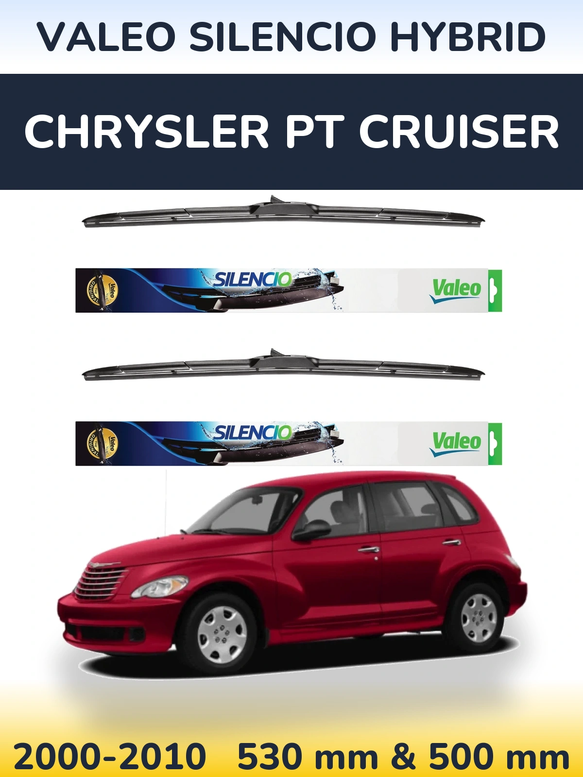 Sada předních stěračů Valeo Silencio Hybrid 530 a 500 mm pro Chrysler PT Cruiser 2000-2010
