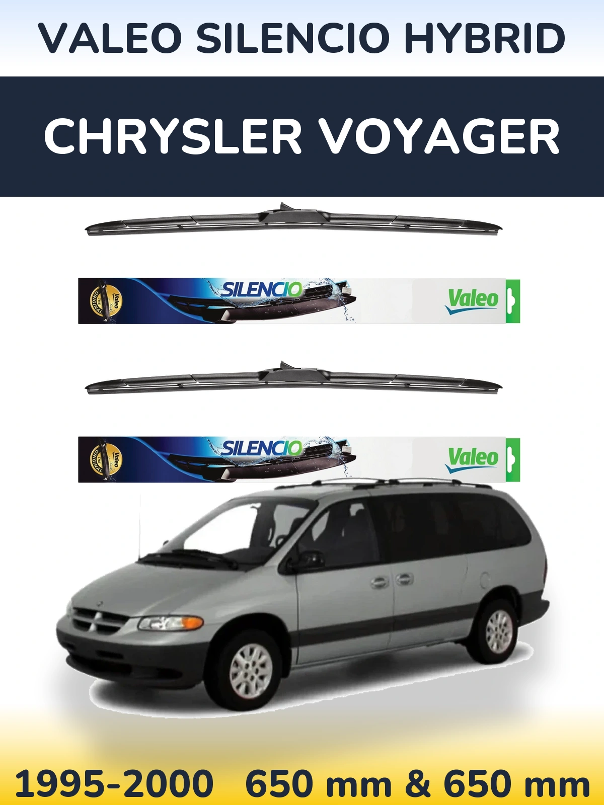 Sada předních stěračů Valeo Silencio Hybrid 650 a 650 mm pro Chrysler Voyager 1995-2000