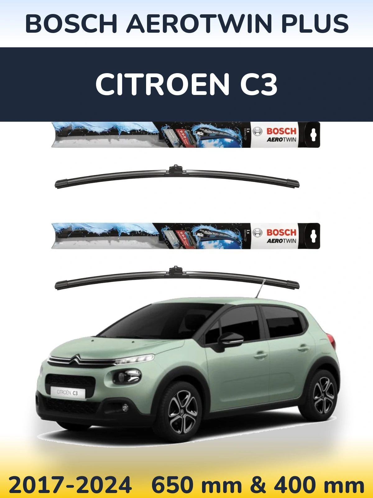 Sada předních stěračů BOSCH AeroTwin Plus 650 a 400 mm pro Citroen C3 2017-2024