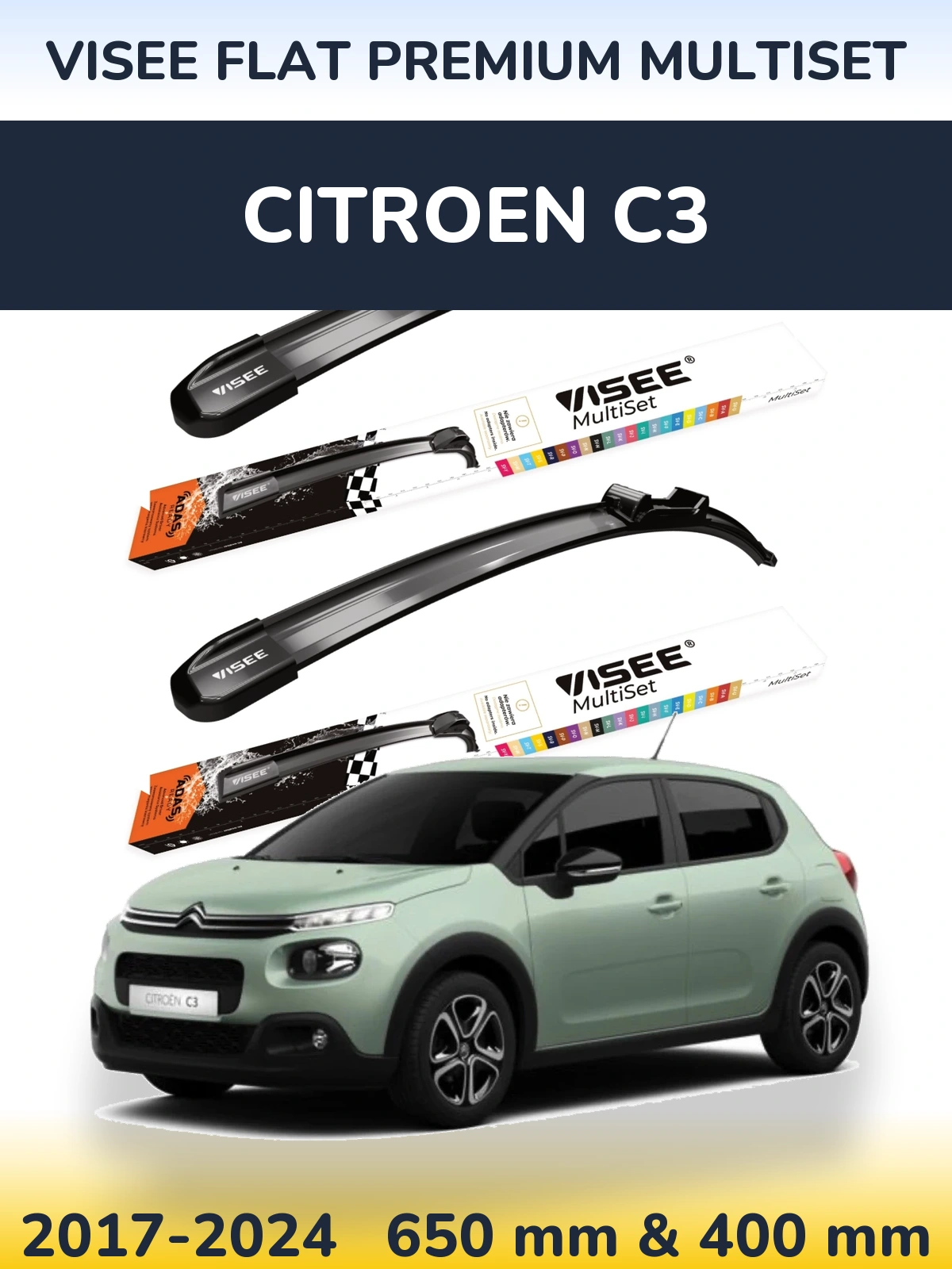 Sada předních stěračů VISEE FLAT PREMIUM MultiSet 650 a 400 mm pro Citroen C3 2017-2024