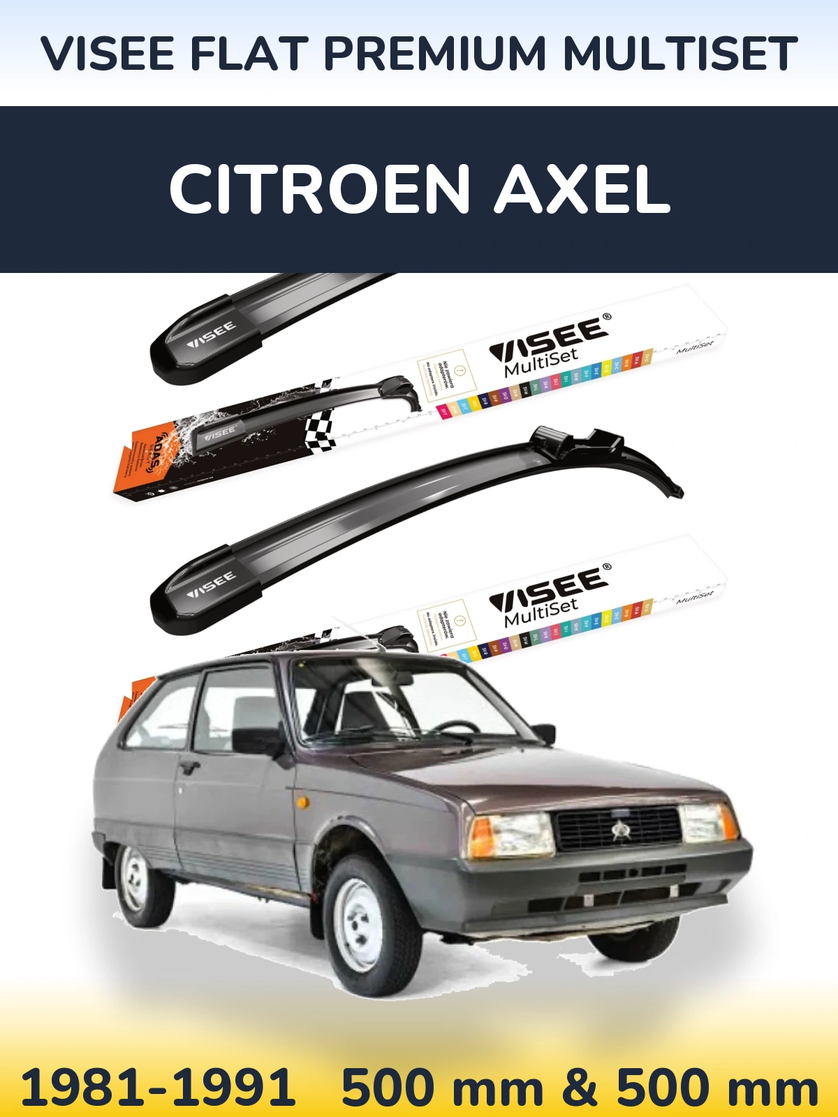 Sada předních stěračů VISEE FLAT PREMIUM MultiSet 500 a 500 mm pro Citroen Axel 1981-1991