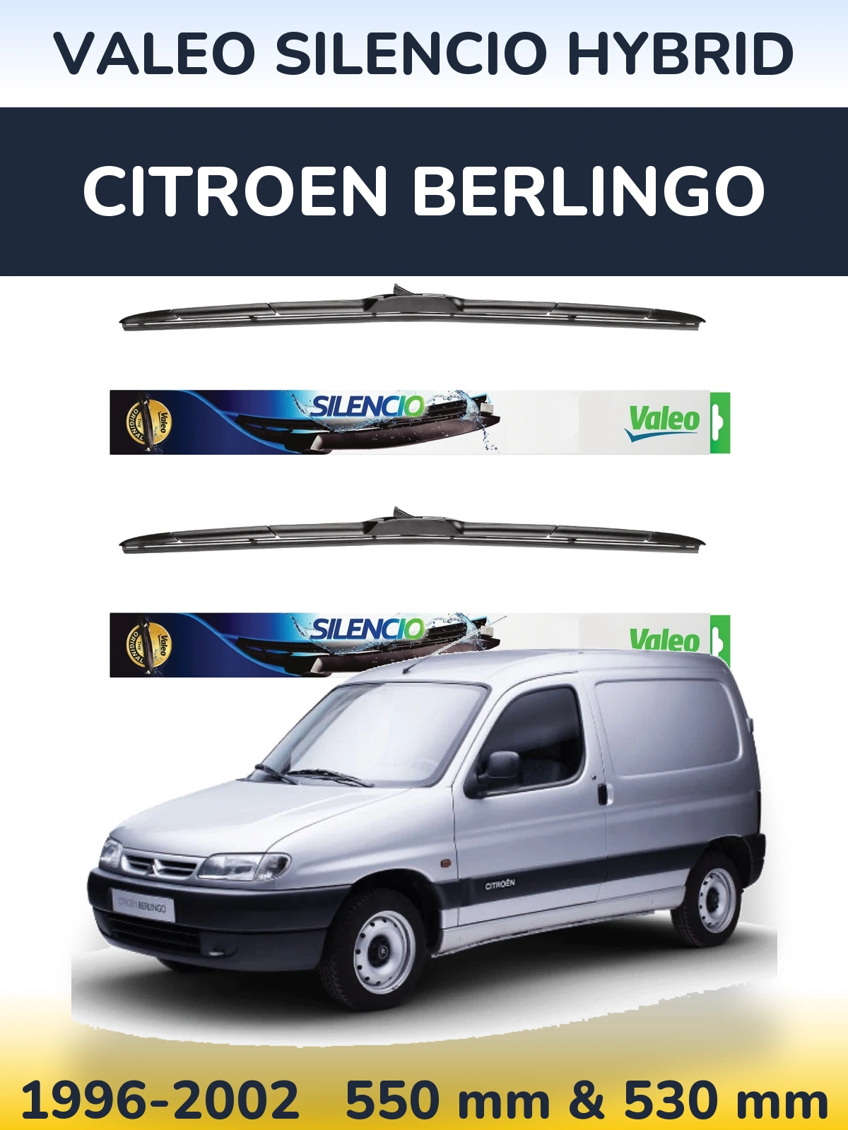 Sada předních stěračů Valeo Silencio Hybrid 550 a 530 mm pro Citroen Berlingo 1996-2002