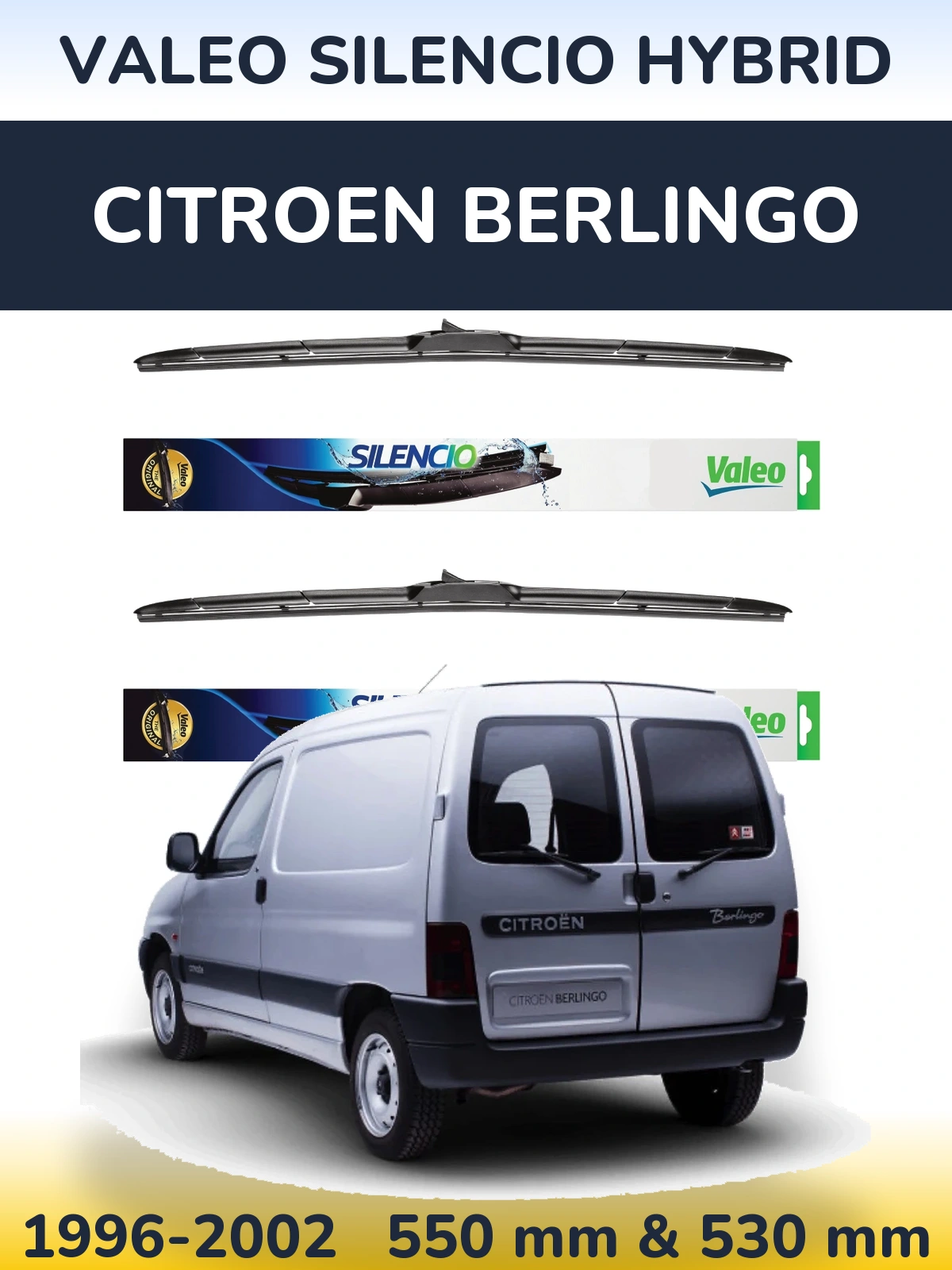 Sada předních stěračů Valeo Silencio Hybrid 550 a 530 mm pro Citroen Berlingo 1996-2002