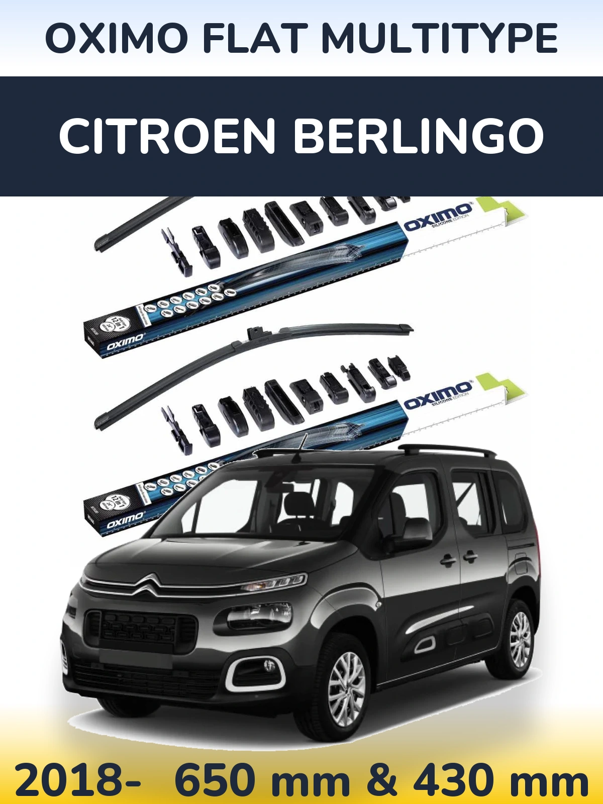 Sada předních stěračů Oximo Flat MultiType 650 a 430 mm pro Citroen Berlingo 2018-2026