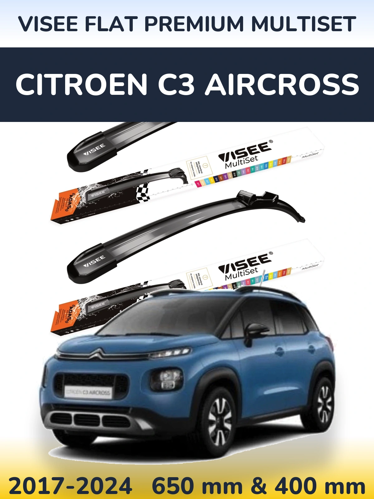 Sada předních stěračů VISEE FLAT PREMIUM MultiSet 650 a 400 mm pro Citroen C3 Aircross 2017-2024