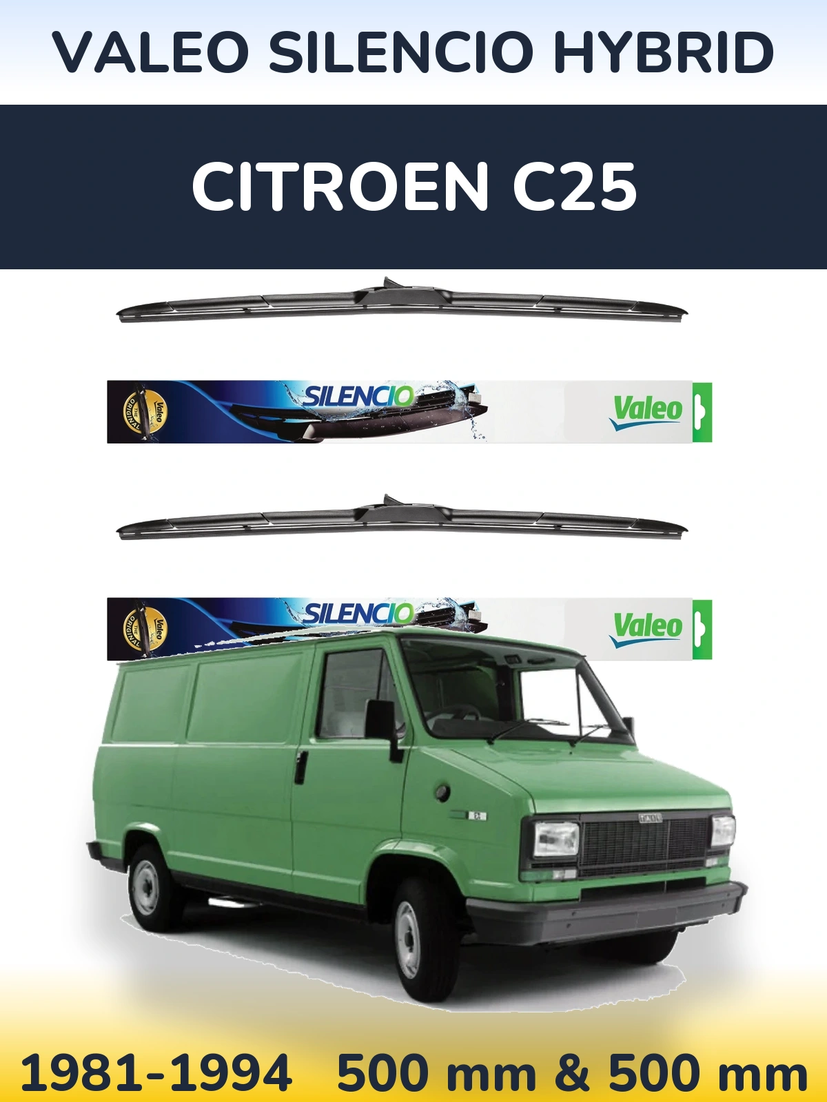 Sada předních stěračů Valeo Silencio Hybrid 500 a 500 mm pro Citroen C25 1981-1994