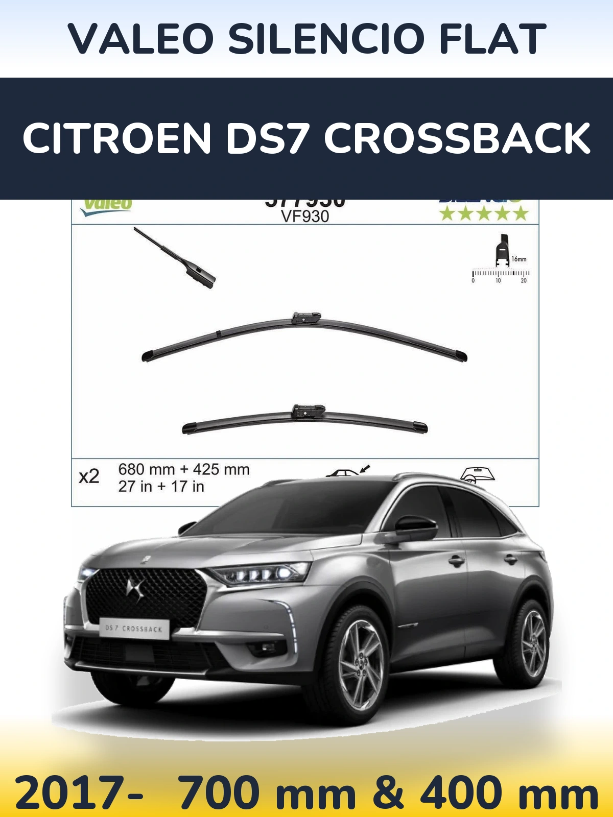 Sada předních stěračů Valeo Silencio Flat 680 a 400 mm pro Citroen DS7 Crossback 2017-2026