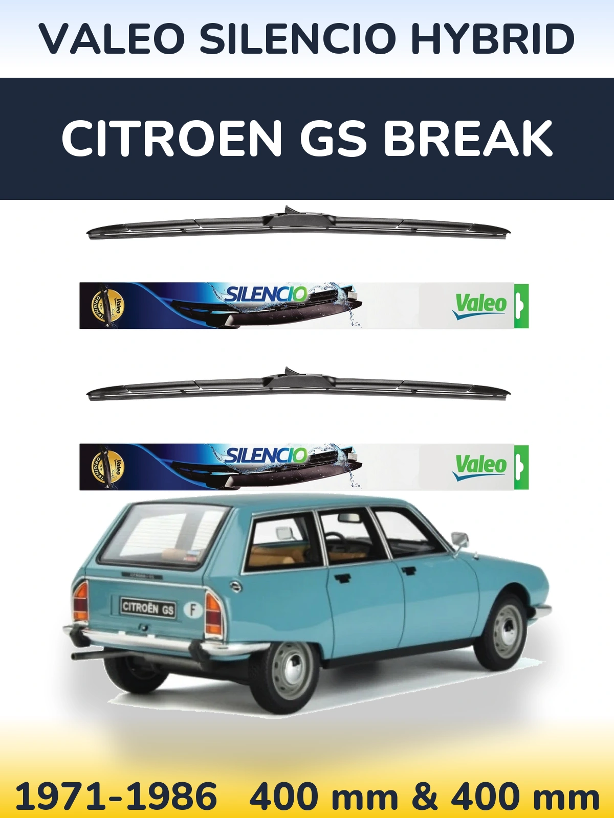Sada předních stěračů Valeo Silencio Hybrid 400 a 400 mm pro Citroen GS Break 1971-1986
