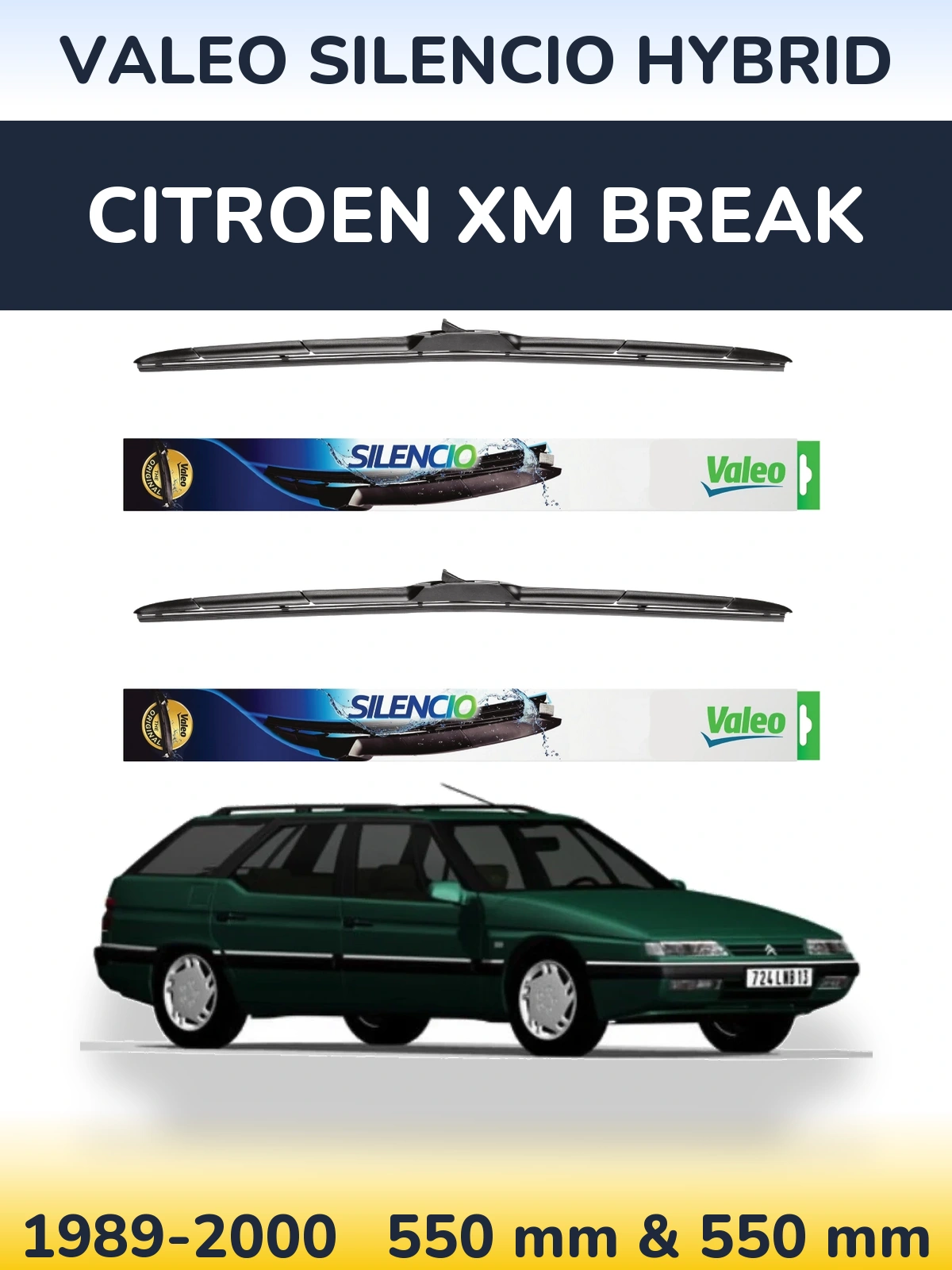Sada předních stěračů Valeo Silencio Hybrid 550 a 550 mm pro Citroen XM Break 1989-2000