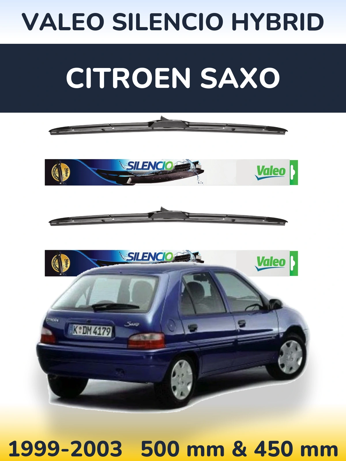 Sada předních stěračů Valeo Silencio Hybrid 500 a 450 mm pro Citroen Saxo 1999-2003