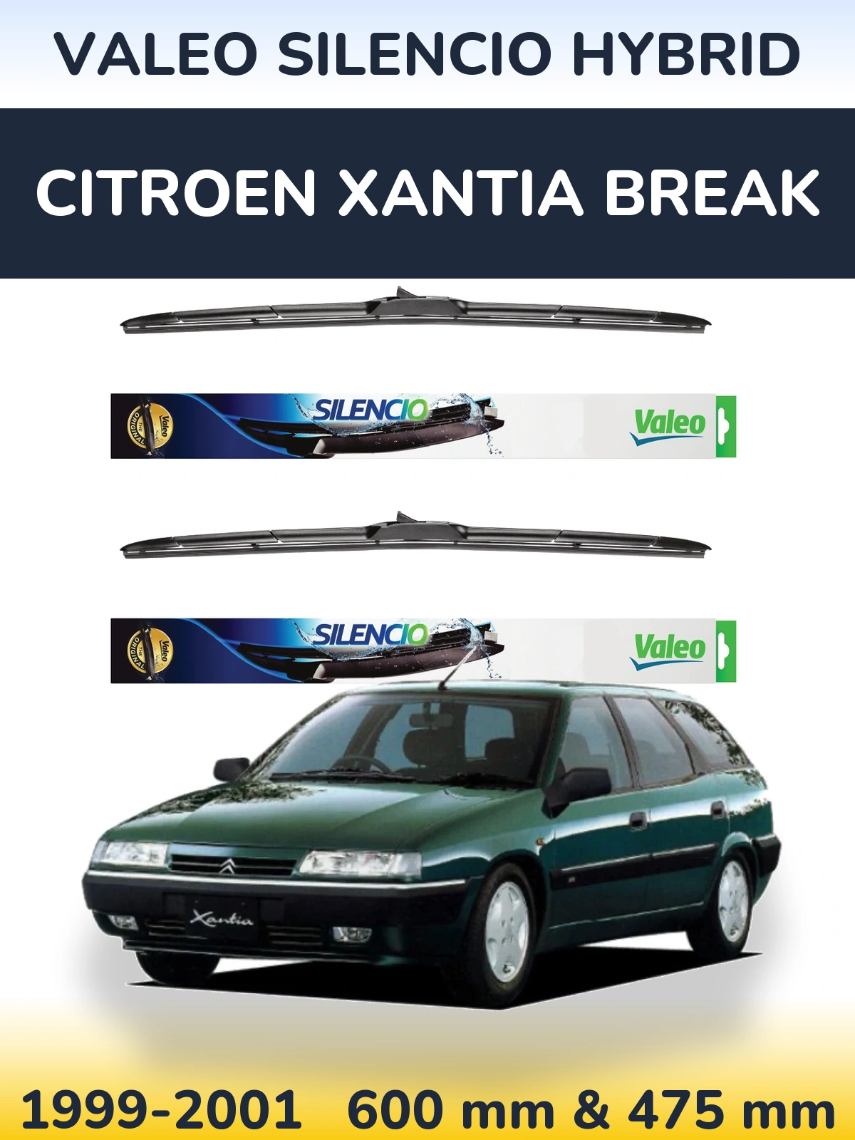 Sada předních stěračů Valeo Silencio Hybrid 600 a 475 mm pro Citroen Xantia Break 1999-2001