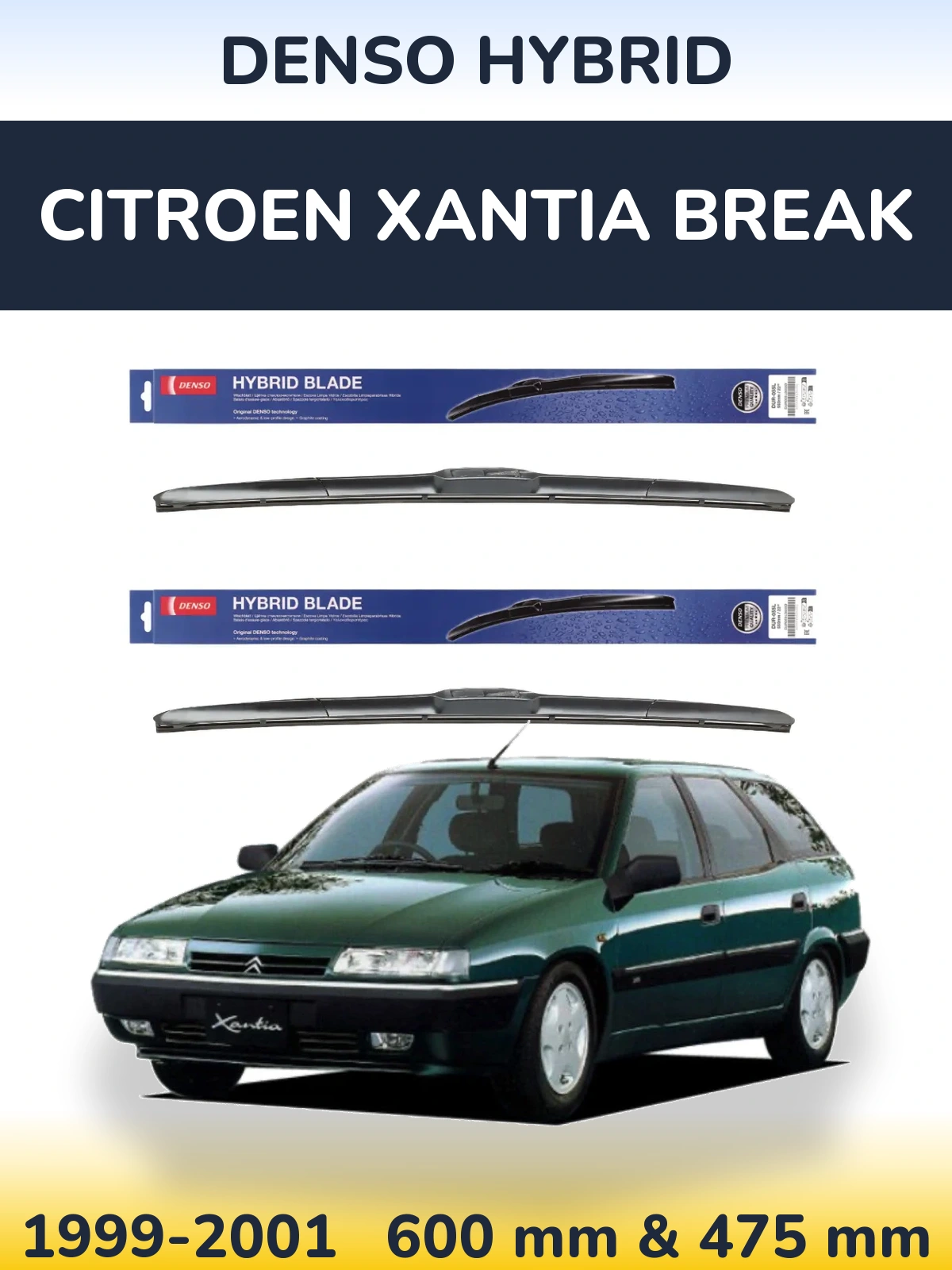 Комплект передніх щіток Denso Hybrid 600 & 475 мм для Citroen Xantia Break 1999-2001