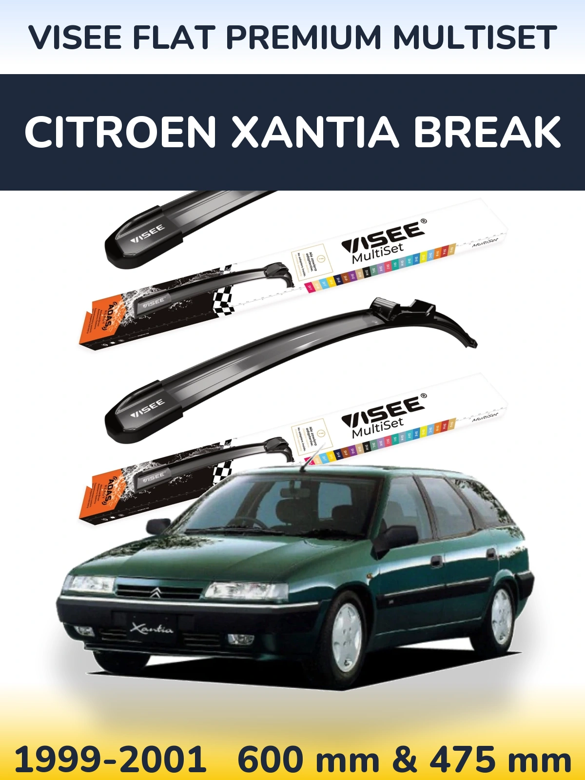 Sada předních stěračů VISEE FLAT PREMIUM MultiSet 600 a 475 mm pro Citroen Xantia Break 1999-2001