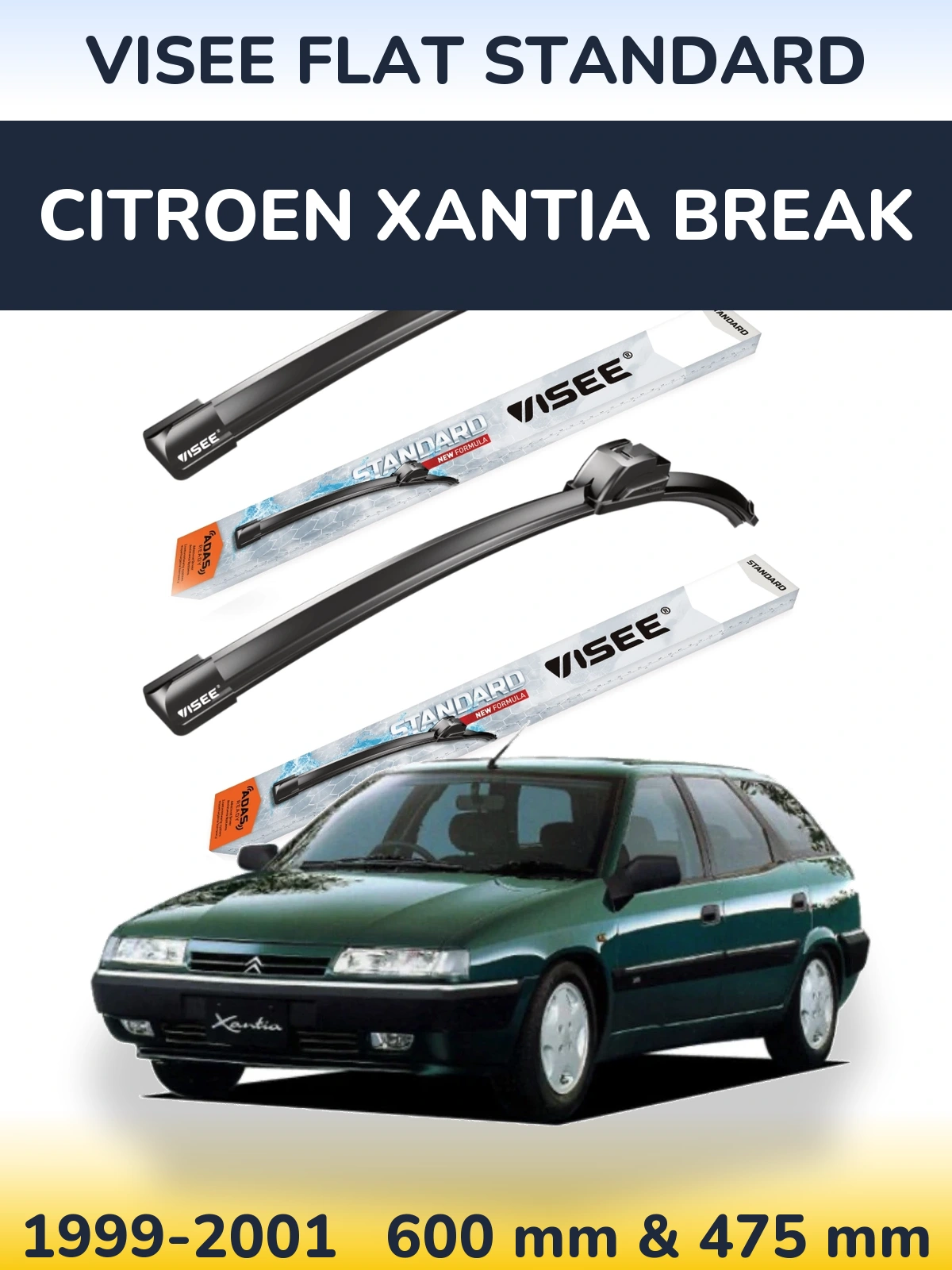 Sada předních stěračů VISEE FLAT STANDARD 600 a 475 mm pro Citroen Xantia Break 1999-2001