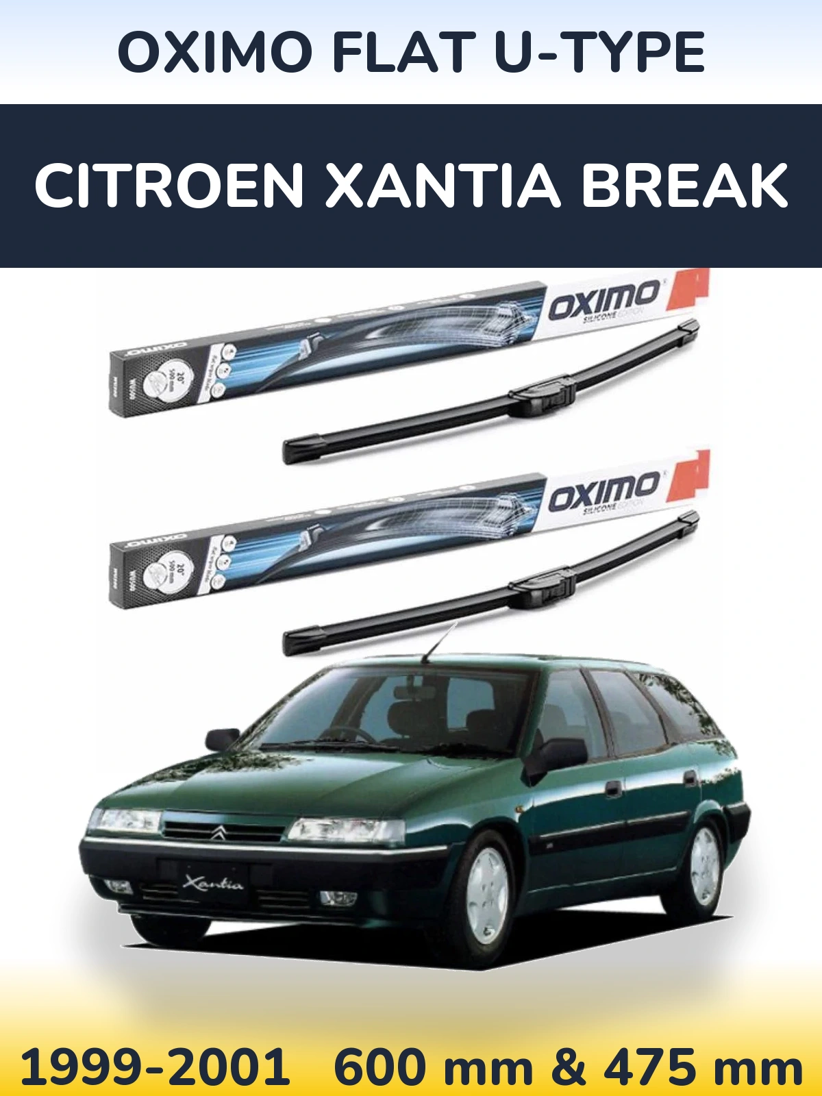 Sada předních stěračů Oximo Flat U-type 600 a 475 mm pro Citroen Xantia Break 1999-2001