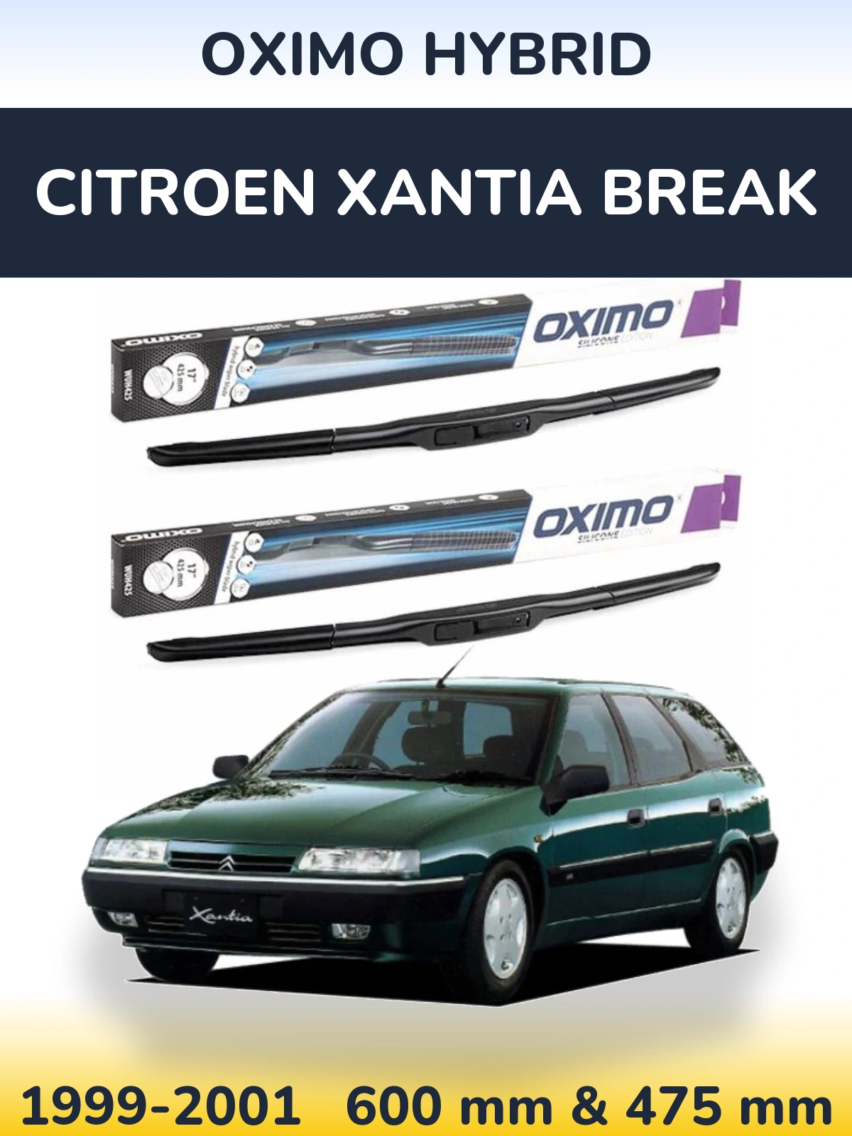 Sada předních stěračů Oximo Hybrid 600 a 475 mm pro Citroen Xantia Break 1999-2001