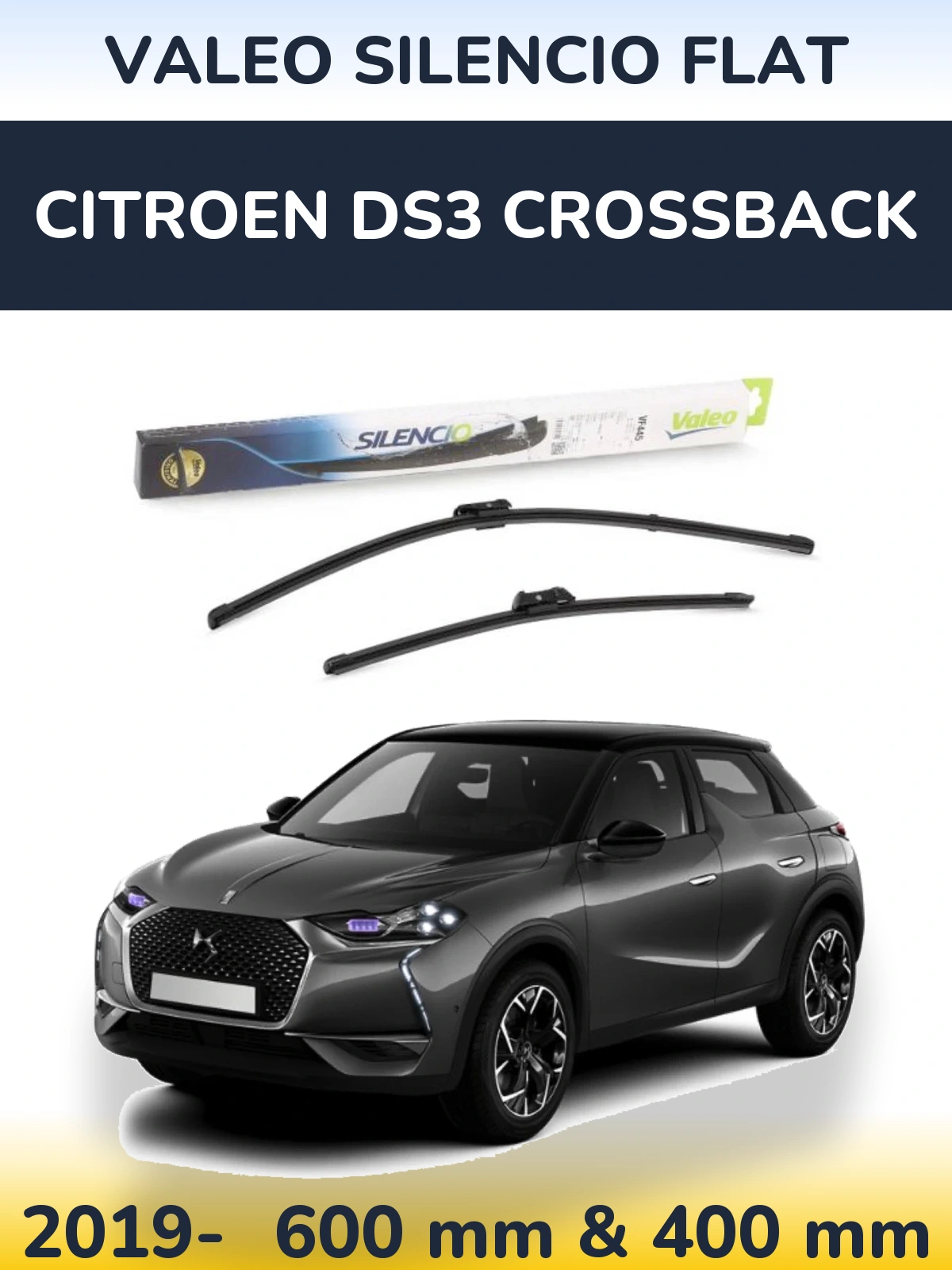 Sada předních stěračů Valeo Silencio Flat 600 a 400 mm pro Citroen DS3 Crossback 2019-2026