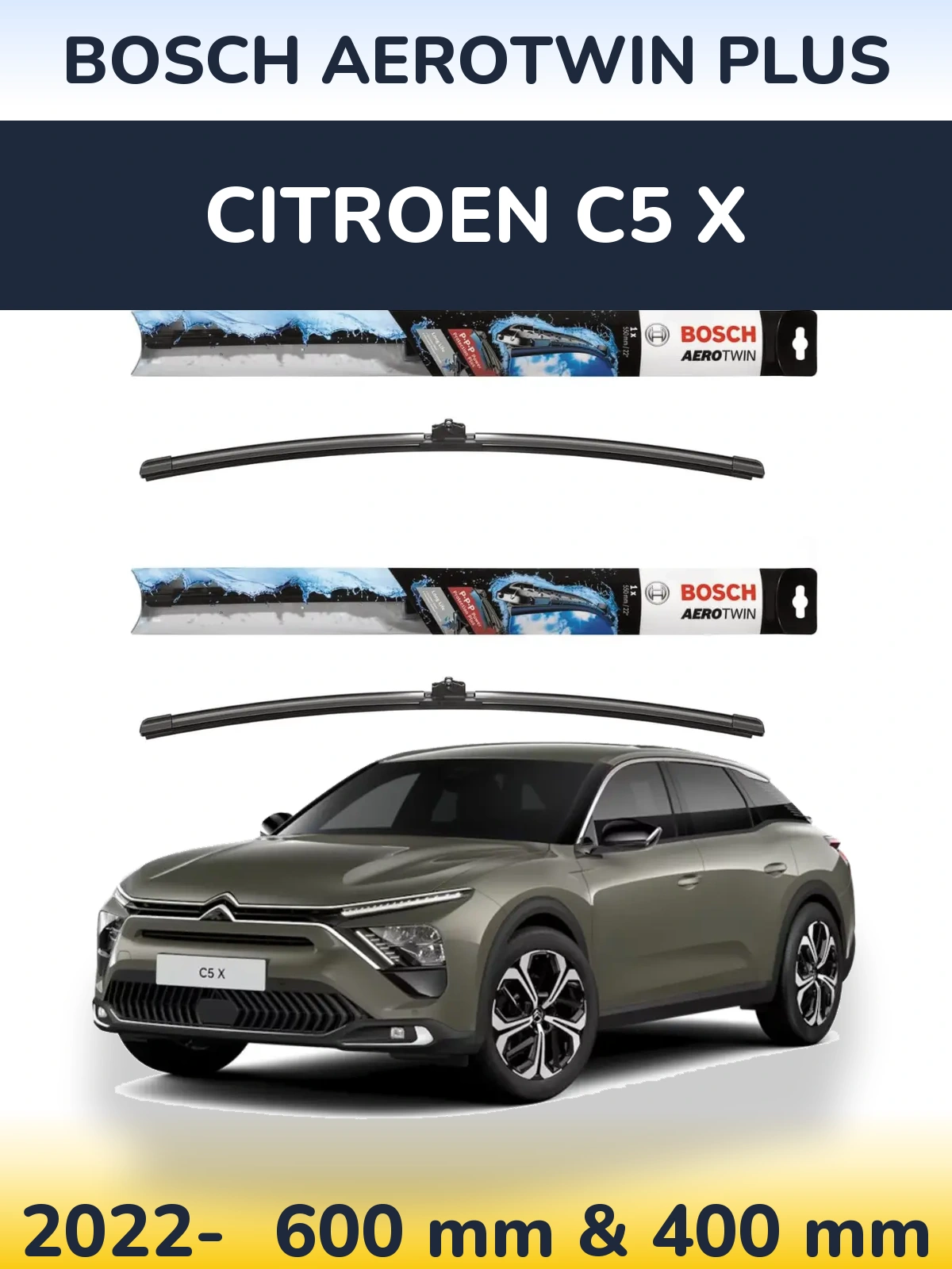 Комплект передніх щіток BOSCH AeroTwin Plus 600 & 400 мм для Citroen C5 X 2022-2026