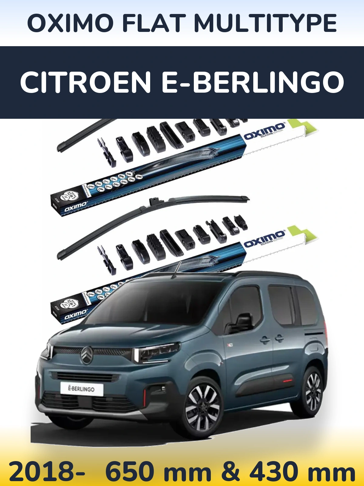 Sada předních stěračů Oximo Flat MultiType 650 a 430 mm pro Citroen e-Berlingo 2018-2026