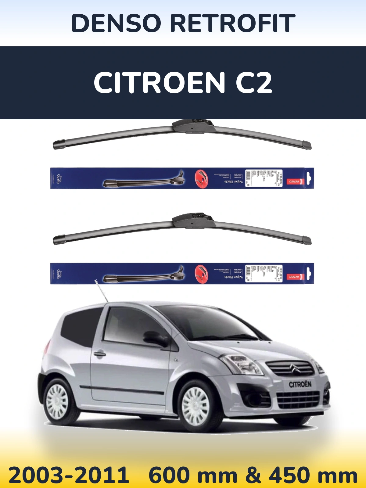 Sada předních stěračů Denso Retrofit 600 a 450 mm pro Citroen C2 2003-2011