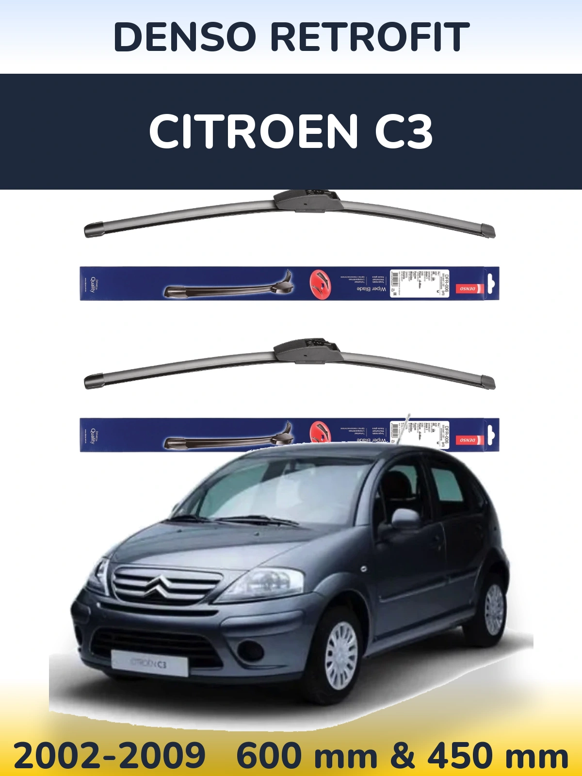 Sada předních stěračů Denso Retrofit 600 a 450 mm pro Citroen C3 2002-2009