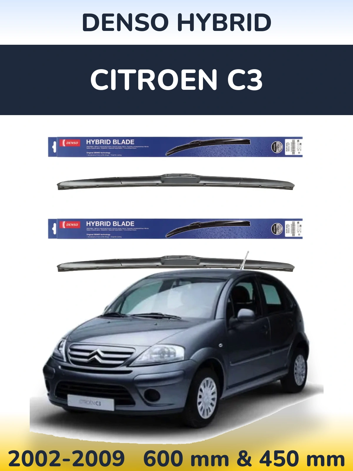 Sada předních stěračů Denso Hybrid 600 a 450 mm pro Citroen C3 2002-2009