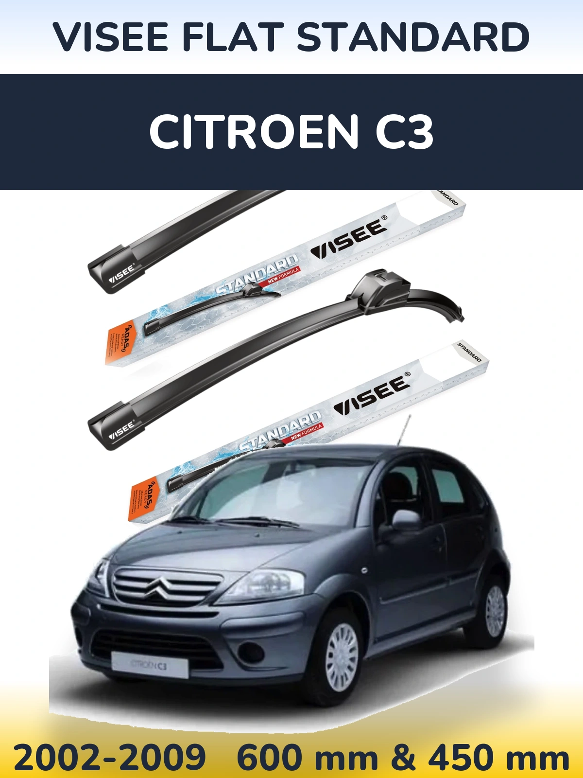 Sada předních stěračů VISEE FLAT STANDARD 600 a 450 mm pro Citroen C3 2002-2009